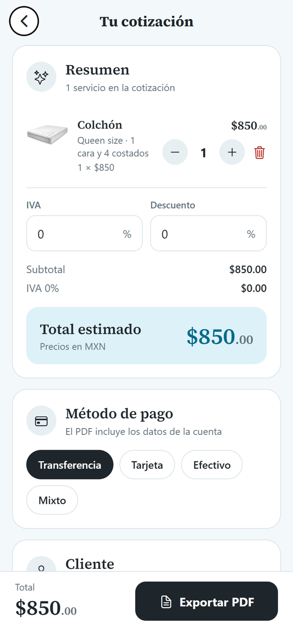 Revisión de una cotización de lavado